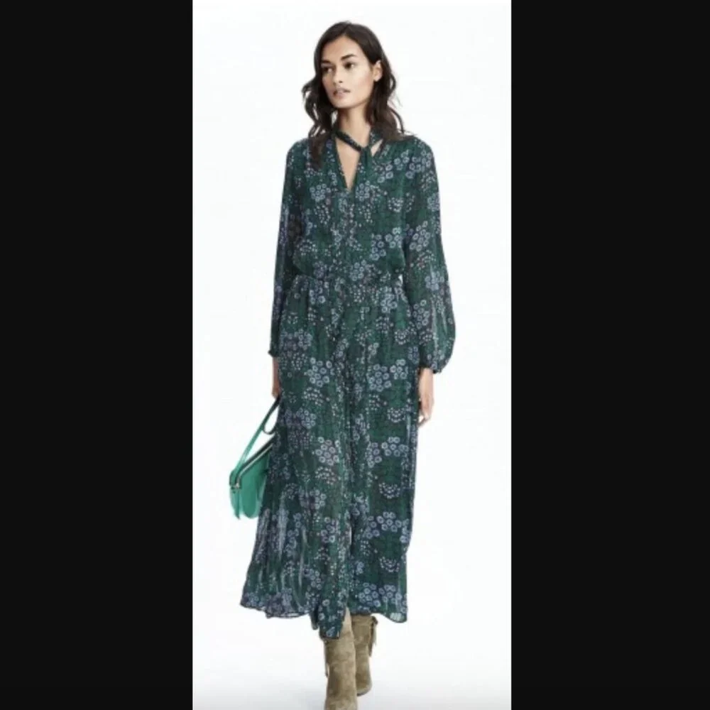 Banana Republic Olivia Palermo Green & Blue Floral Neck-Tie Maxi Shirtdress S - Picture 4 of 8